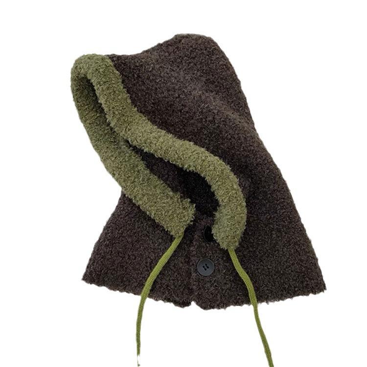 Two-color Spliced Plush Balaclava Hat Women's Winter Drawstring Warm Windproof Ear Protector Neck Pullover Hat