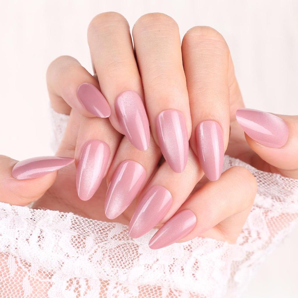 Cat Eye Nude Pink Wearable Nail Patches: Medium Long Oval Pre-made False Nails