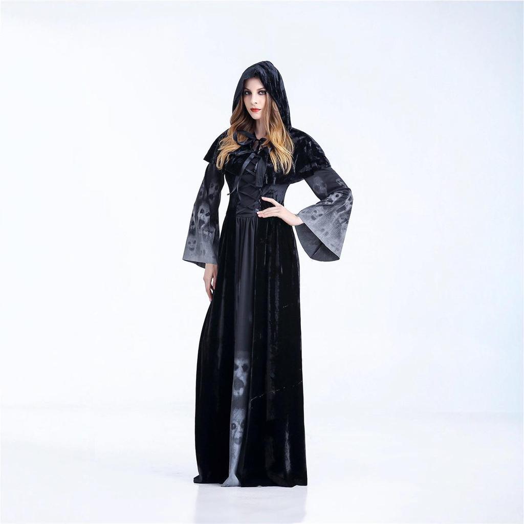 Halloween Grim Reaper Long Dress Costume for Women - Skeleton Vampire Role-Play