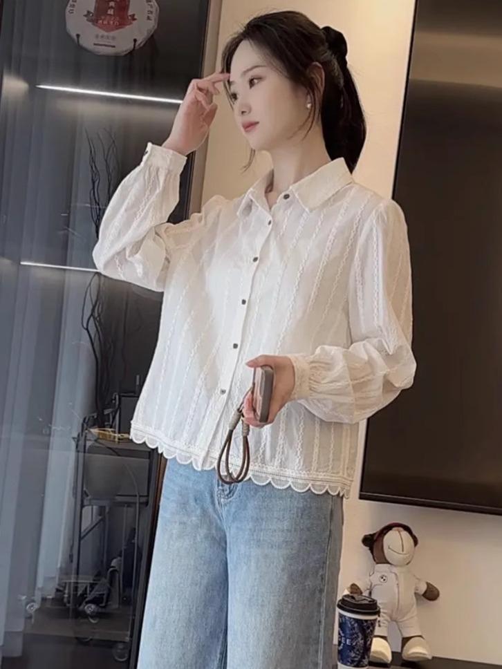 

Женская рубашка с кружевной вставкой, с длинным рукавом, весна 2025: Модный, Омолаживающий, Миниатюрный дизайн Medium белый/слоновая кость