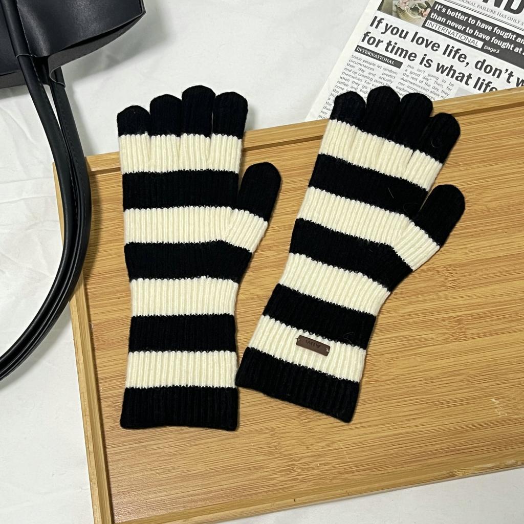 Wool Vintage Striped Long Finger Gloves with Autumn and Winter New Warm Wrist Protection for Women