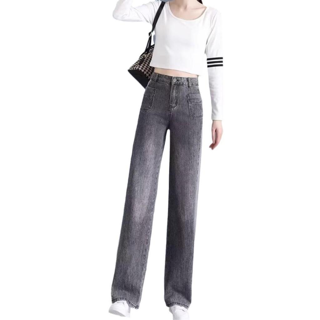 Plus Size Smoke Gray High-Waist Casual Women's Wide Leg Jeans