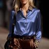 Women's Leopard Print Patchwork Satin Blouse - Slimming Long Sleeve Round Neck for Spring/Autumn