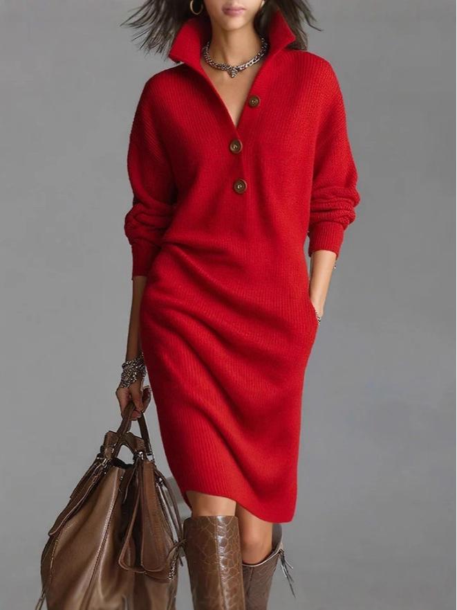 2025 Europäisches & Amerikanisches Lässiges Herbst-Strick-Midikleid mit Knopfleiste und Kragen