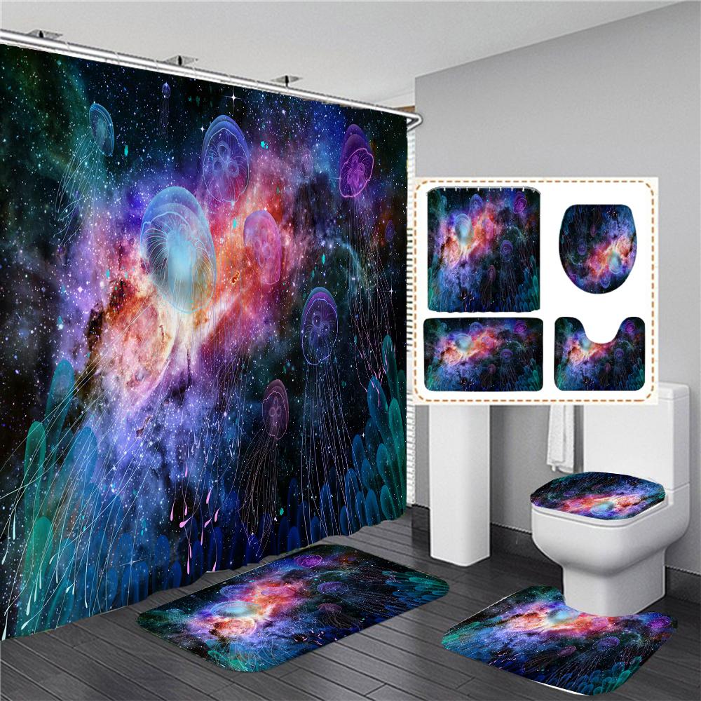 Dream Starry Sky Ocean Jellyfish Bathroom Waterproof Shower Curtain Set with 12 Hooks Bath Non-Slip Mat Rugs Toilet Seat Cover