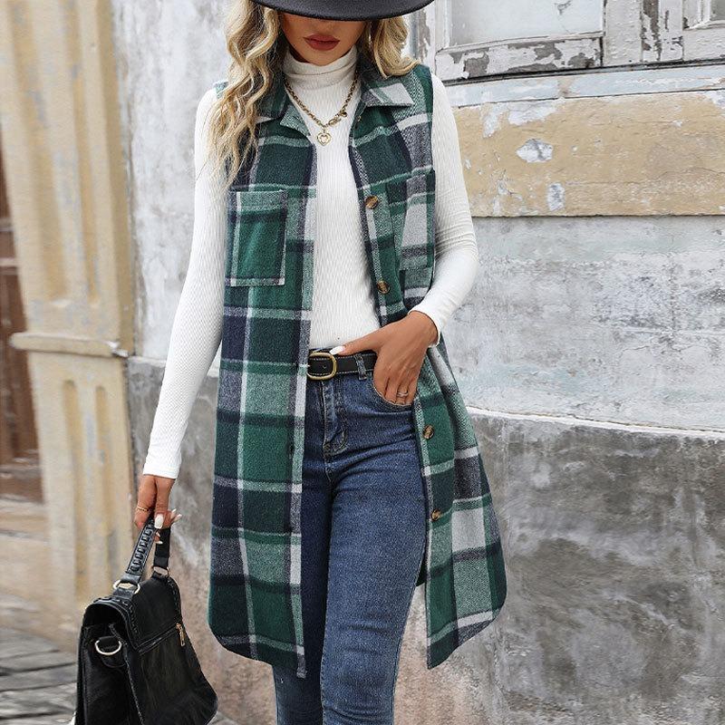 Women's Fashion Trend Vests for Autumn and Winter Contrasting Stripes Checkered Button Up Sleeveless Cardigans