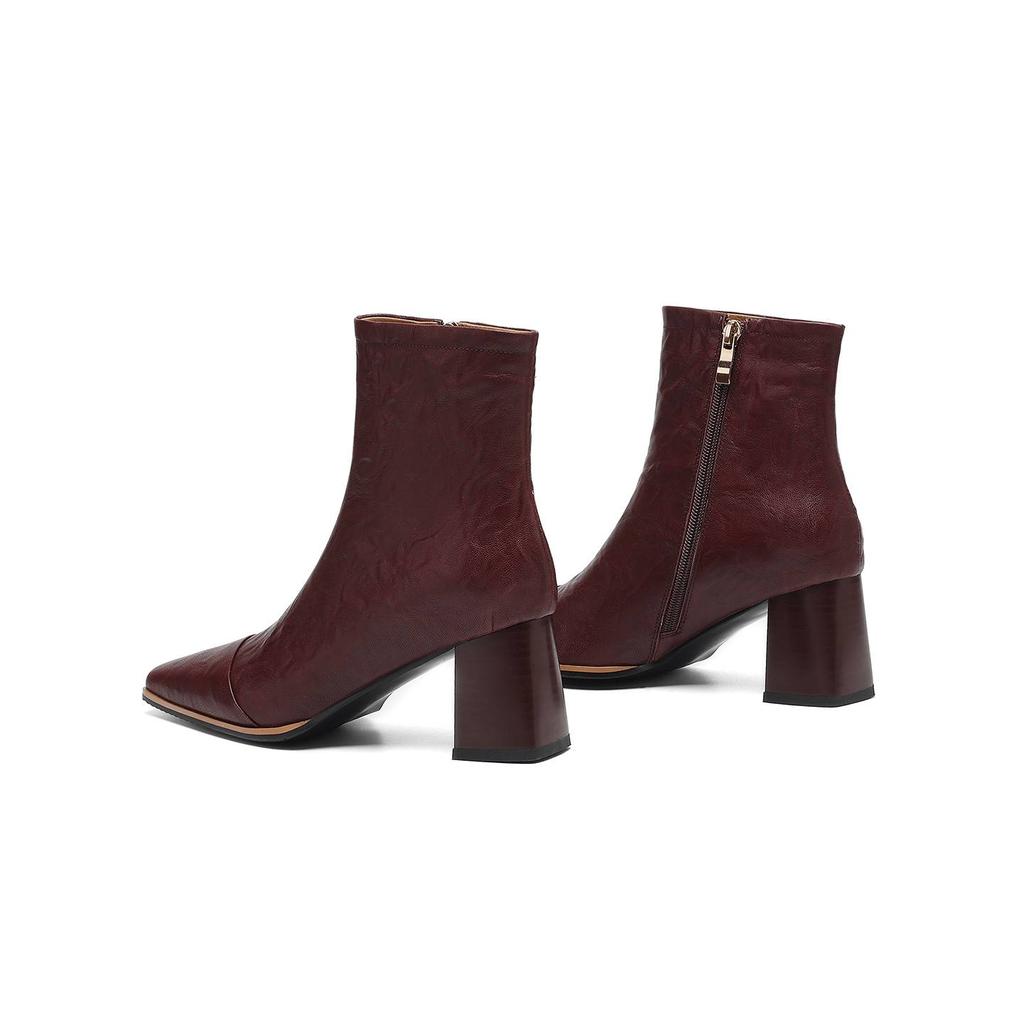 Krazing Pot Sheepskin Autumn Winter Shoes Thick High Heels Big Size 43 Modern Boots Square Toe Keep Warm Zip Pleated Design Ankle Boots