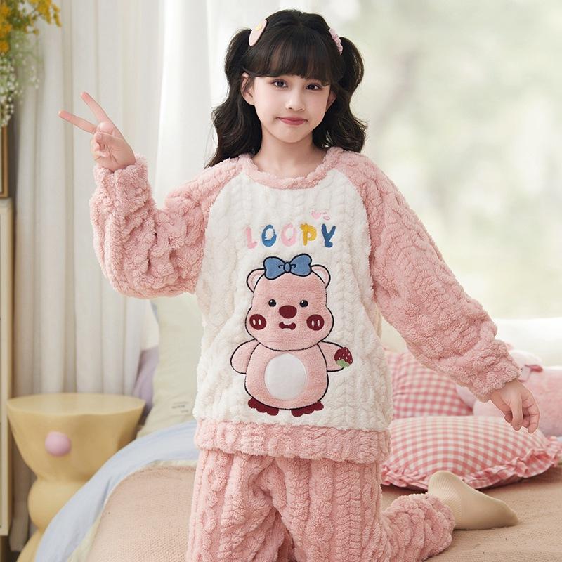 Kids Flannel Pajamas Set Boys Girls Warm Long Sleeve Top And Pants Sleepwear Winter Home Nightwear