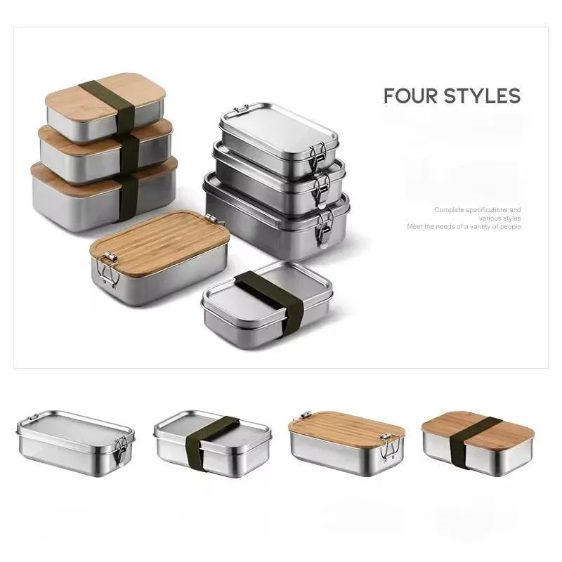 304 Stainless Steel Lunch Box with Bamboo Wooden Lid Japanese Style Bento Box Portable Leak-Proof Picnic Food Storage Container