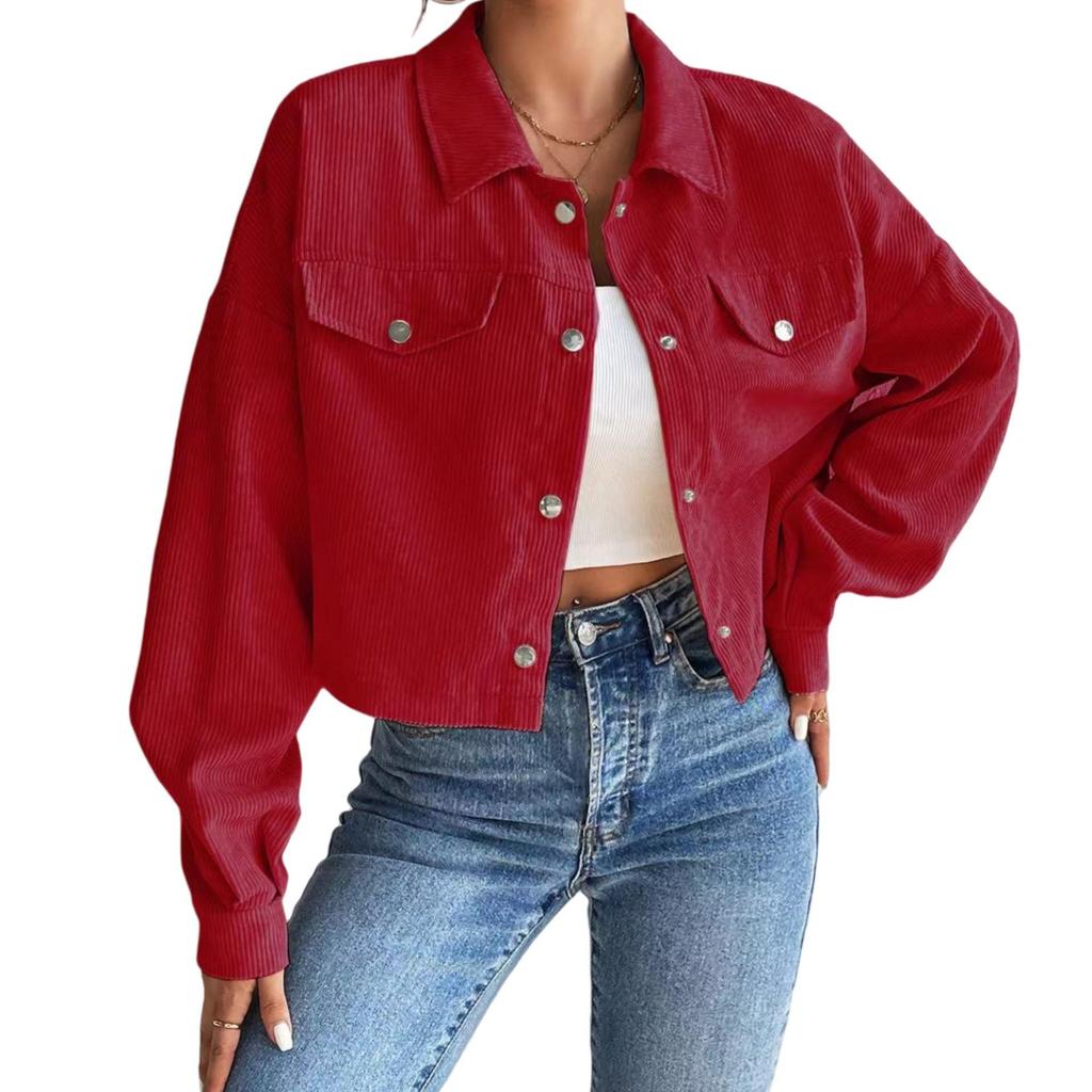 2025 A/W Women's Slim Corduroy Zip-Up Polo Collar Jacket
