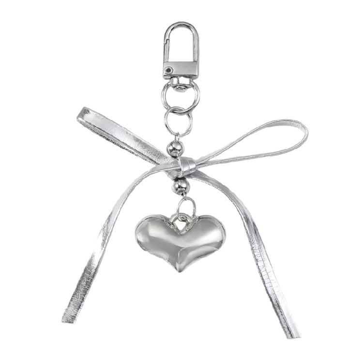 Fashionable Silver Leather Keychain with Bowknot and Heart Pendant Important Key Accessory Bowknot Charm Pendant