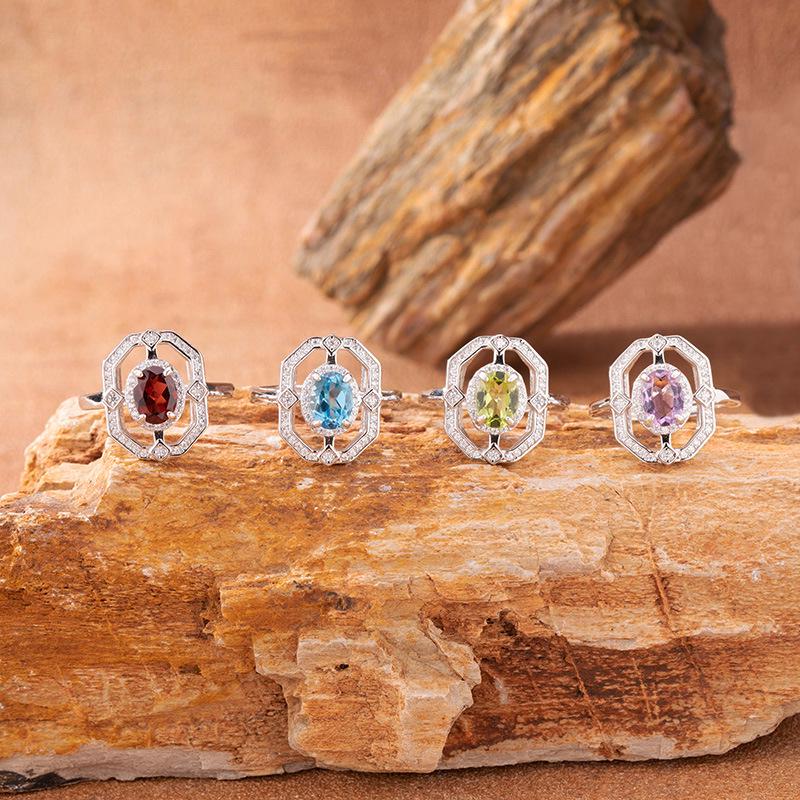 Women's S925 Silver Ring Set with Sapphire, Topaz, Peridot, and Aquamarine Gemstones - European and American Style.