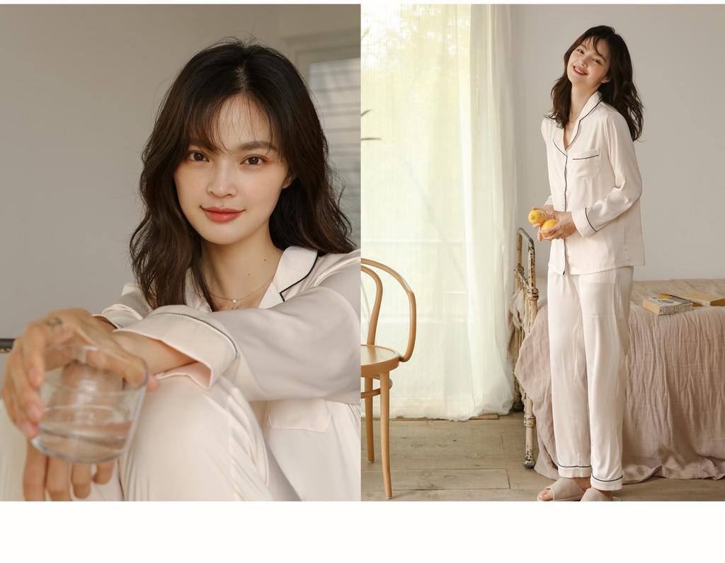 Women's Ice Silk Two-Piece Pajama Set: Long Sleeve and Pants, Spring and Autumn Style, Suitable for Outdoor Wear.