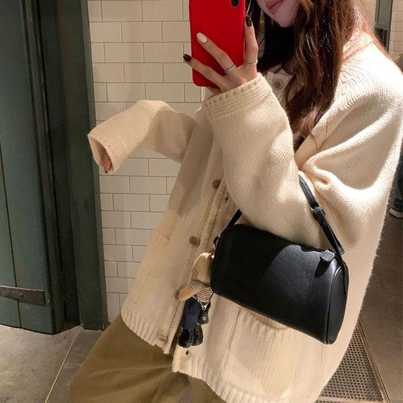 Stilvoller Basic Uni-Strickcardigan Damenbekleidung Lässig Rundhalsausschnitt Herbst Winter Locker Einreiher Koreanische Pullover