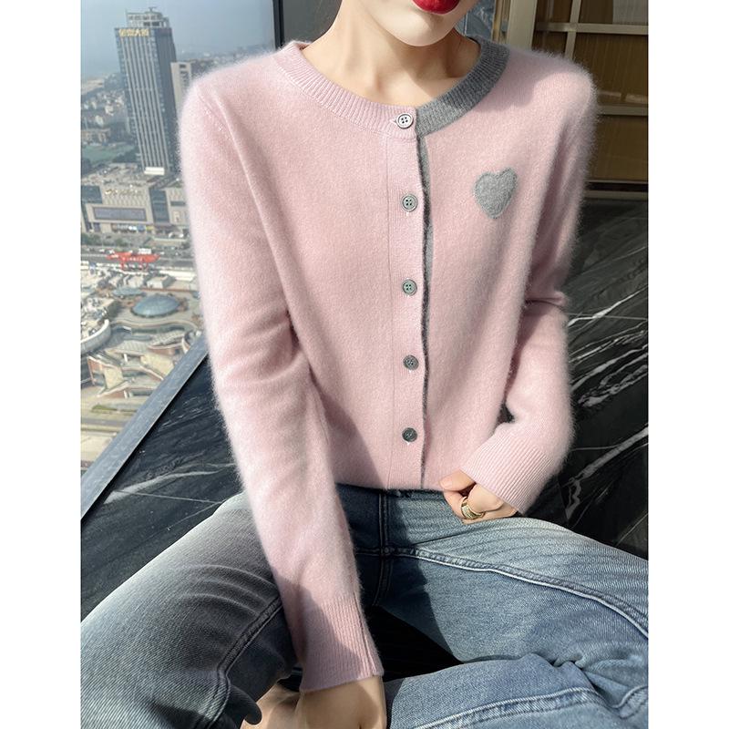 Women's Cashmere Cardigan - Round Neck, Sweetheart Embroidery, Color Block, Loose Fit Wool Top