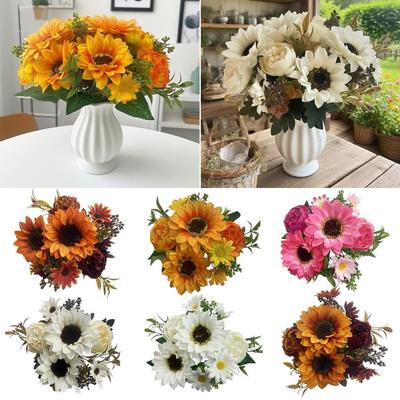 Multicolor Sunflower Artificial Flower Photo Props Green Leaves Faux Daisy Peony Flower Desktop Ornament DIY