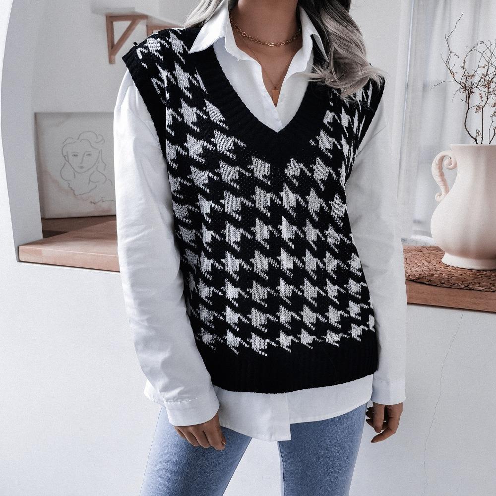 Houndstooth Casual Loose Knitted Vest Sweater Vest