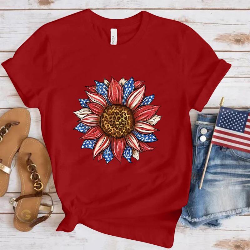 Sunflower Print Fashionable Loose Round Neck Pure Cotton Short Sleeved Shirt T-Shirts Unisex