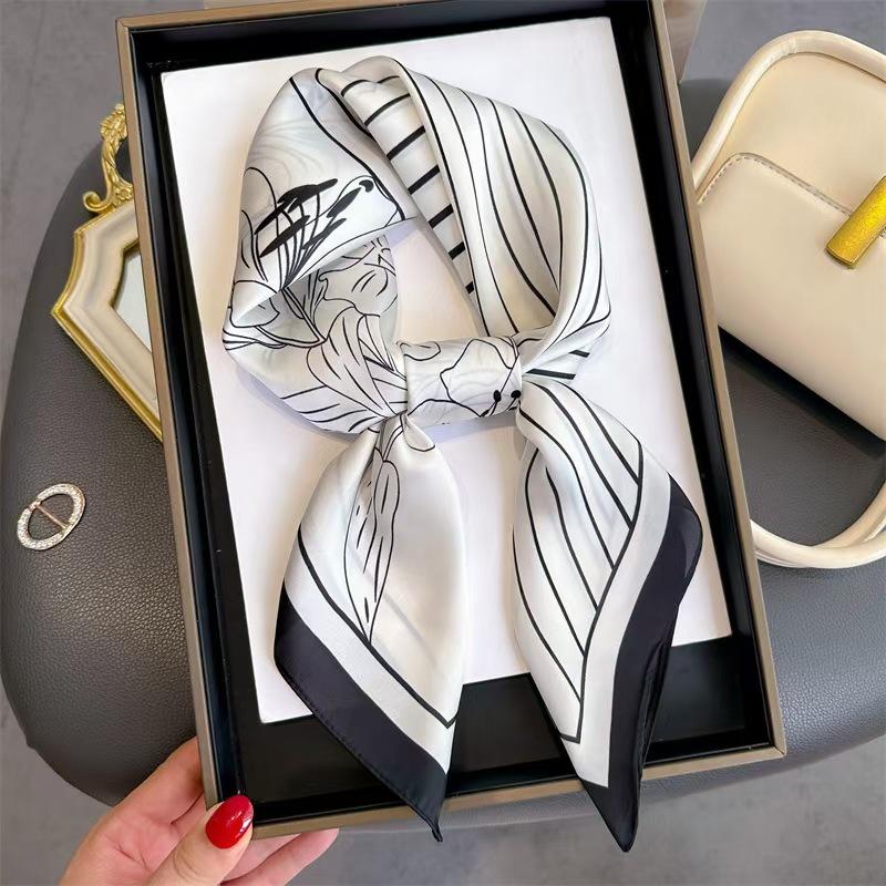 

New Luxury Stripe Floral Print Silk Square Scarf Women Soft Satin Hairband Hands Bag Ribbon Foulard Hijab Neckerchief Headscarf 70x70cm