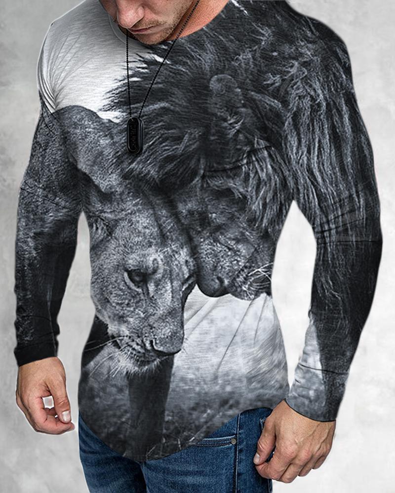 Frühling Herbst Mode Trendiges Herren Langarm Totenkopf Tier Bedrucktes T-Shirt Herren T-Shirts