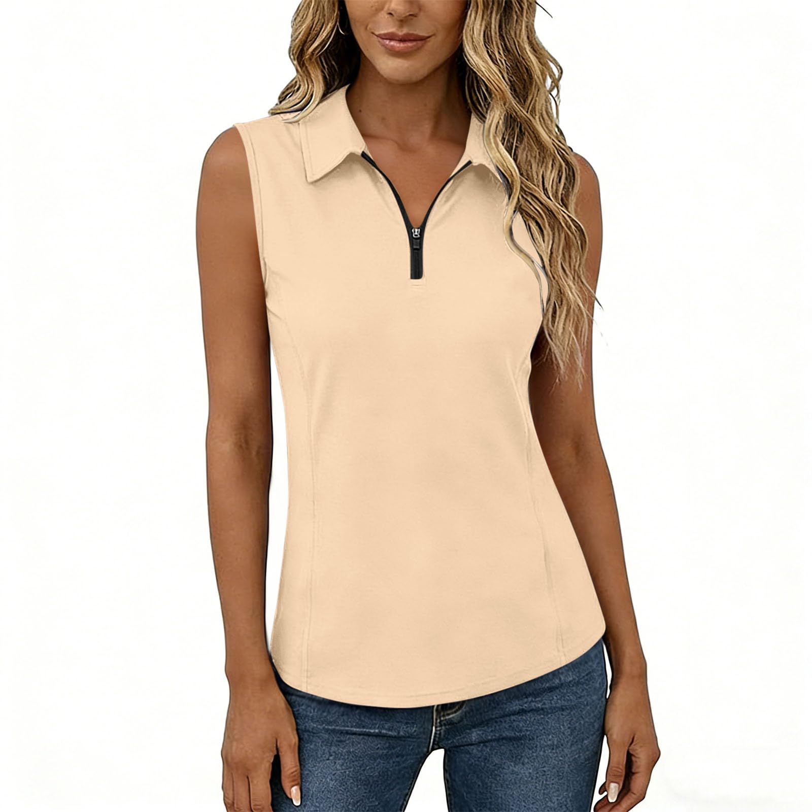 Women s Fashionable Casual Plain-Coloured V-neck Half-Zip Sleeveless T-Shirt L