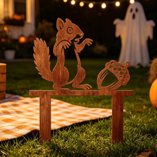Garden Landscape Ornament Rusty Metal Squirrel with Acorn Stake, Cute Animal Silhouette Sculpture, Decor Decorative Outside Yard Art for Patio