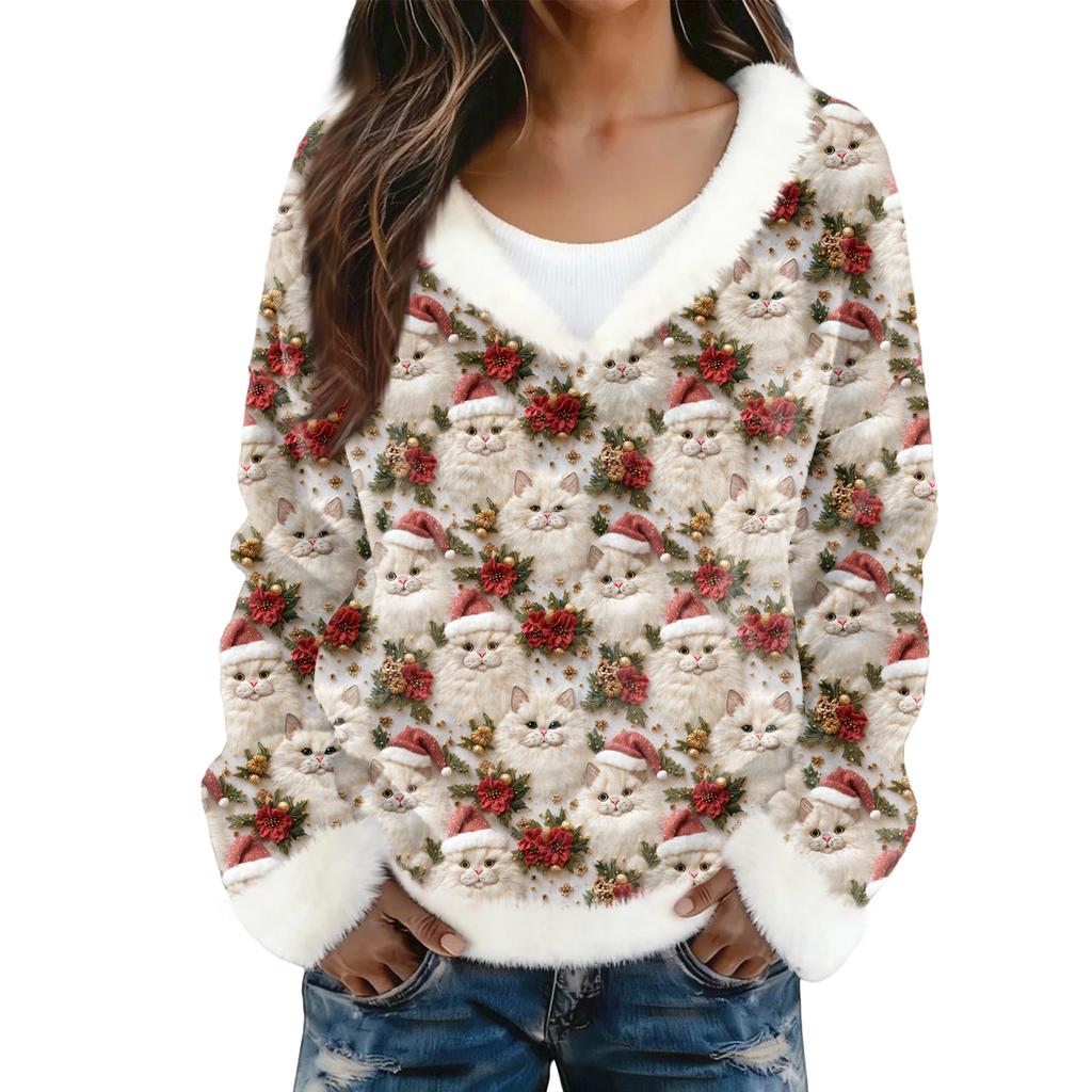 Dámský módní plyšový pulovr s výstřihem do V, tričko s dlouhým rukávem, vánoční potištěná mikina