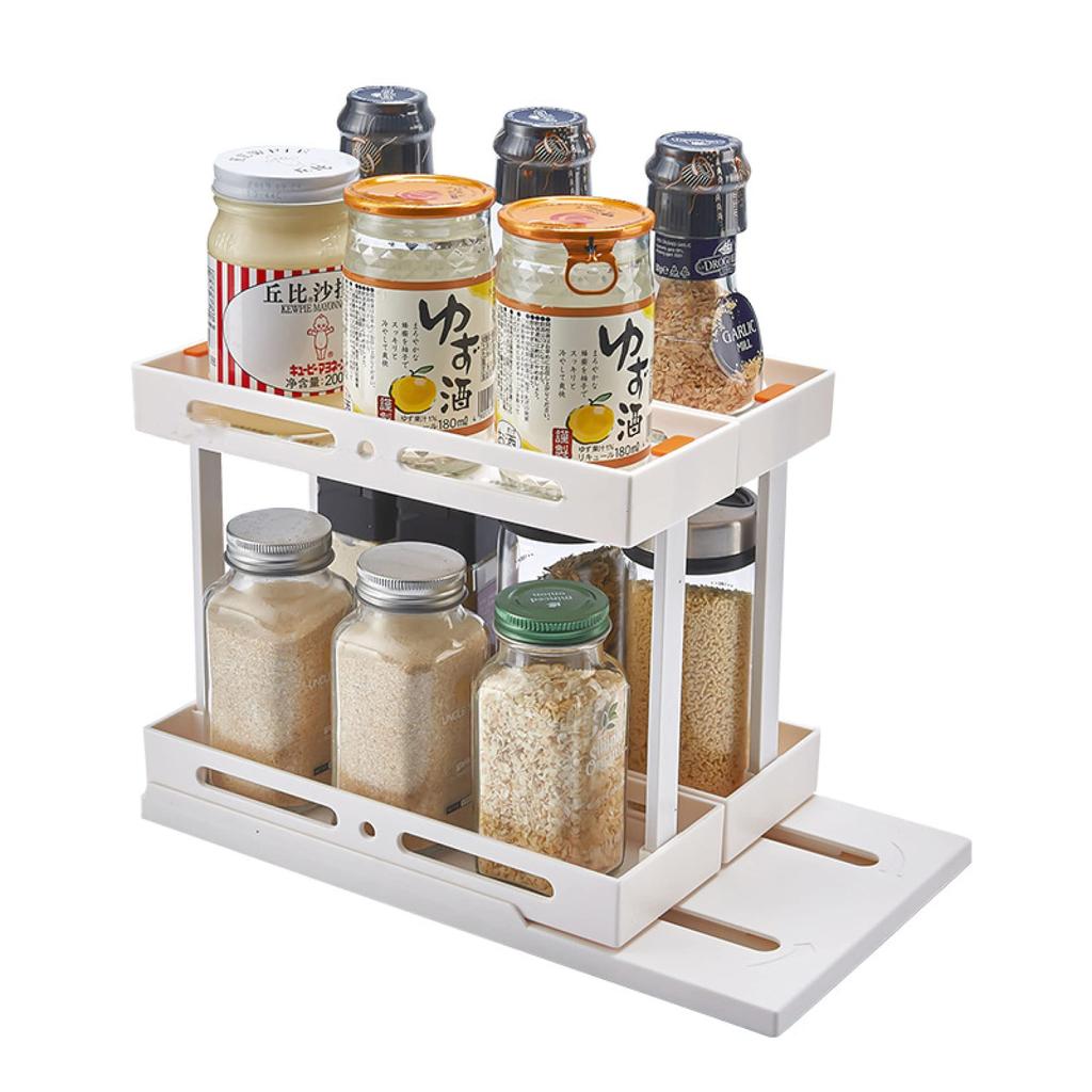 2 Tier Pull-out and Rotate Kitchen Spice Rack Multi-Function Seasoning Organizer for Kitchen Cabinet Pantry Counter-Top Supplies