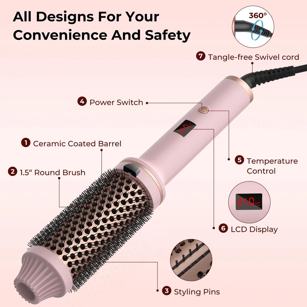 Curling Iron Brush PTC Thermal Ceramic Hair Curler Create Loose & Volume Curls Heating Hair Styling Brush