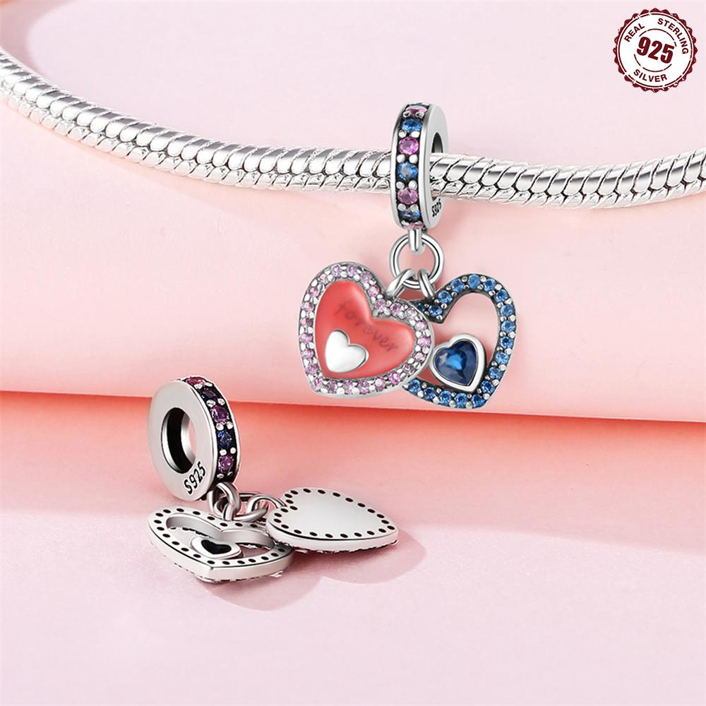 Original Copper Charms Luxury Pink Heart Blue Pendant Beads Fit Bracelet Diy Women Making Delicate Gift