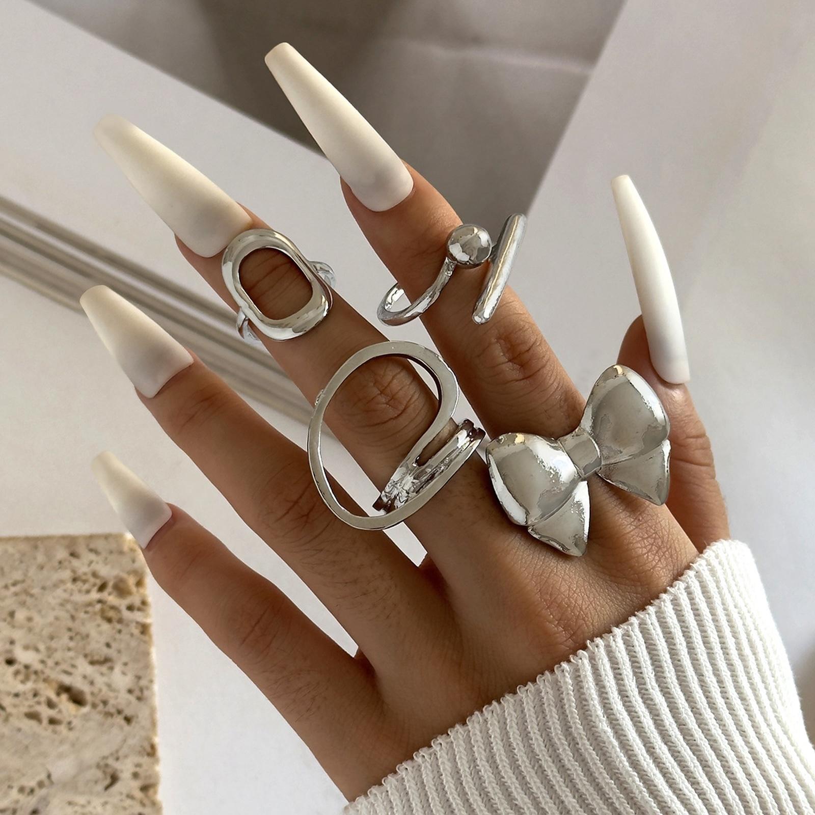 

Fashion Women s 4 Piece Ring Set - Ladies Ring Metal Ring Glossy Ring Metal Ring Holiday Gift One Size серебряный