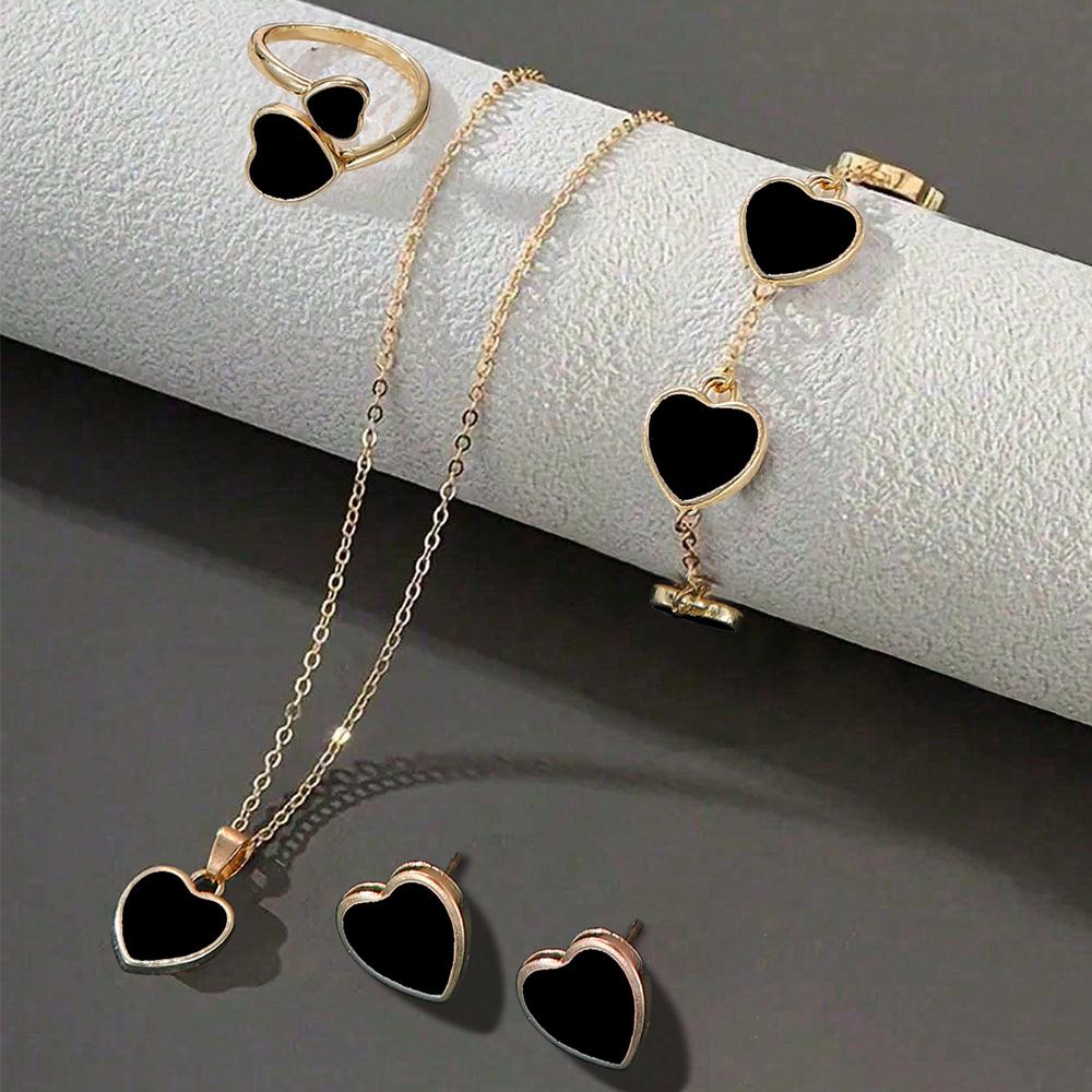 

5 шт. Женский цирконовый набор Модный и элегантный ожерелье в форме сердца, браслет, кольцо, серьги Цирконовый набор, подходит для повседневного сочетания чёрный