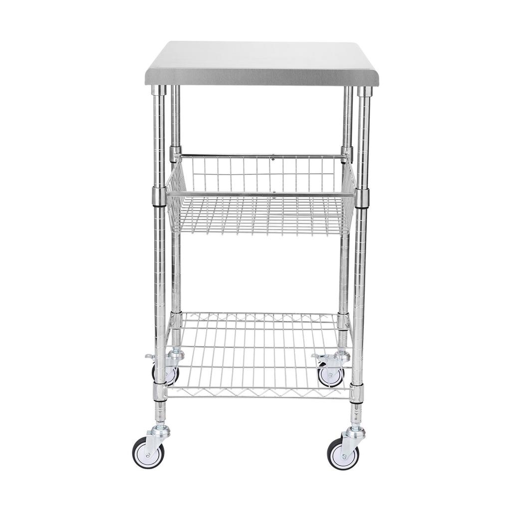 Kitchen Utility Cart, 3 Tiers, Wire Rolling Cart with 470LBS Capacity, Steel Service Cart On Wheels, Metal Storage Trolley with 76mm Basket Curved