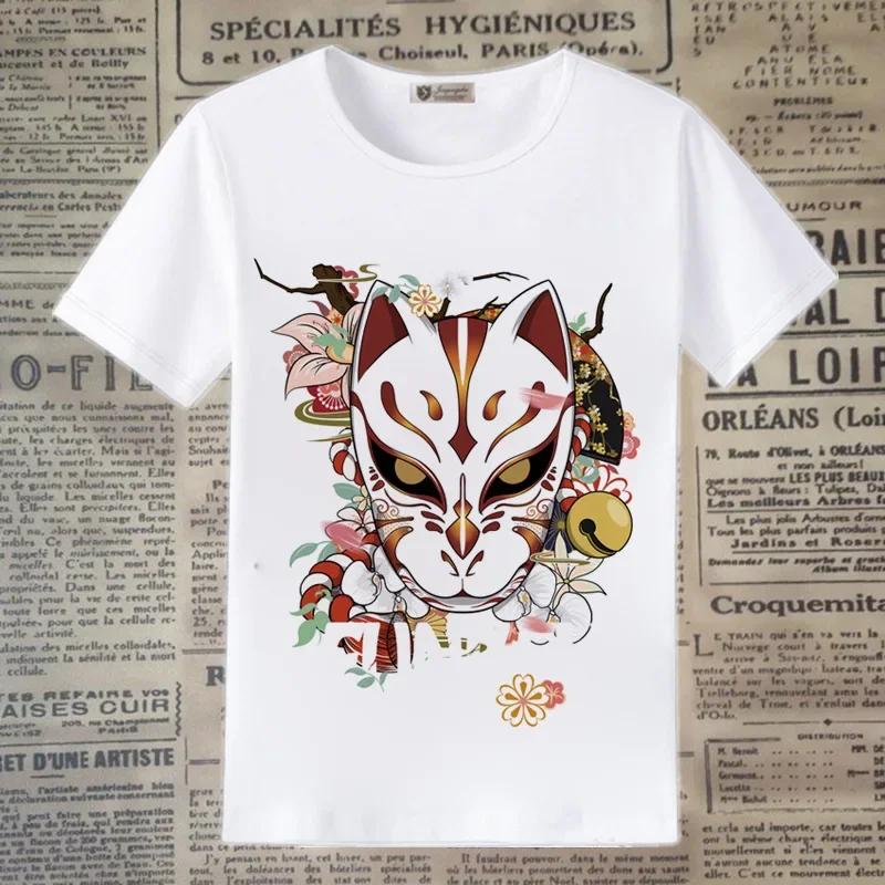 Japanese Kitsune Fox Mask Floral Graphic Women T-Shirt Traditional Oriental Sakura Bell Print Short Sleeve Casual Tee
