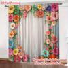 2PC Rustic Floral Wood Sheer Curtains - Vibrant Watercolor Flower Print Window Drapes for Living Room Bedroom Decor