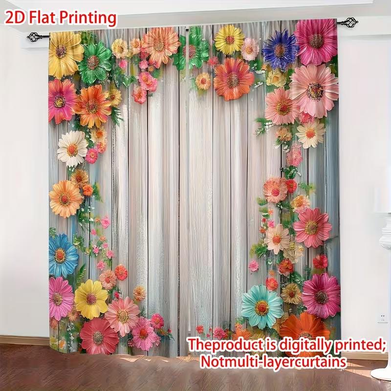 2PC Rustic Floral Wood Sheer Curtains - Vibrant Watercolor Flower Print Window Drapes for Living Room Bedroom Decor