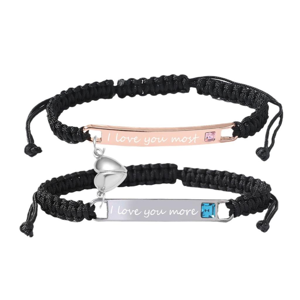 Personalized Custom Engraved Love Stainless Steel Magnetic Clasp Woven Cord Couple Matching Bracelet Set for Him Her