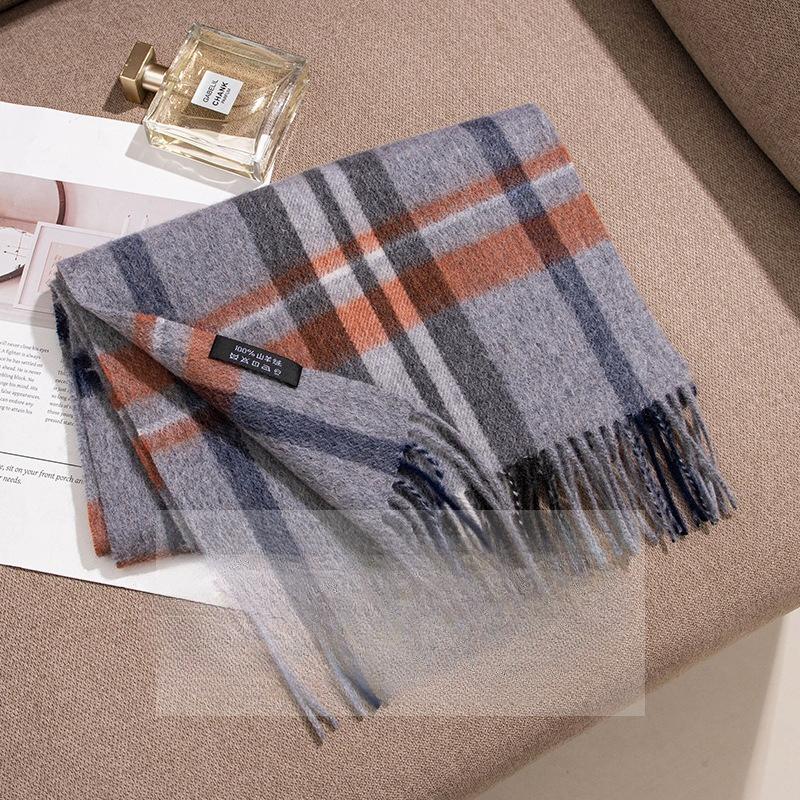 Autumn and Winter Korean Style Plaid High end Contrast Color Warm Indoor Shawl Pure Cashmere Scarf for Women with High Quality