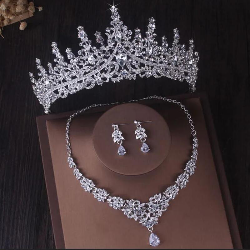 Elegant copper Color Crystal Bridal Jewelry Sets Princess Tiara Crown and Necklace Earrings Sets for Bridal Wedding Prom Gifts