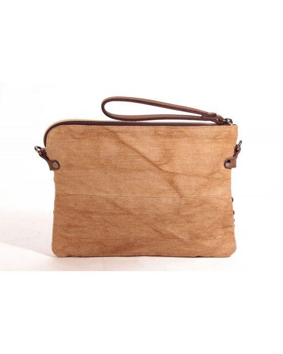 Sac bandoulière - Le Temps des Cerises - Taka 5 - Sable/Cognac - Cuir et toile - 26x2x20 cm