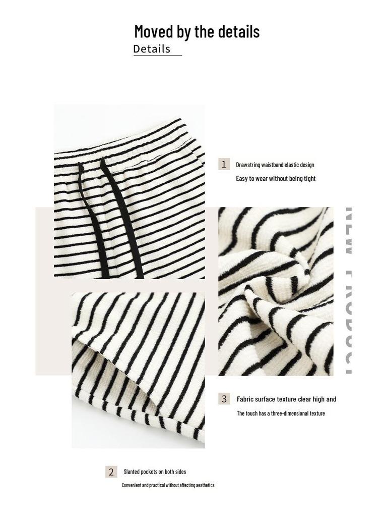 Women's High Waist Striped Terry Cloth Wide Leg Pants - Plus Size, Spring Slimming Draping, Style 63158