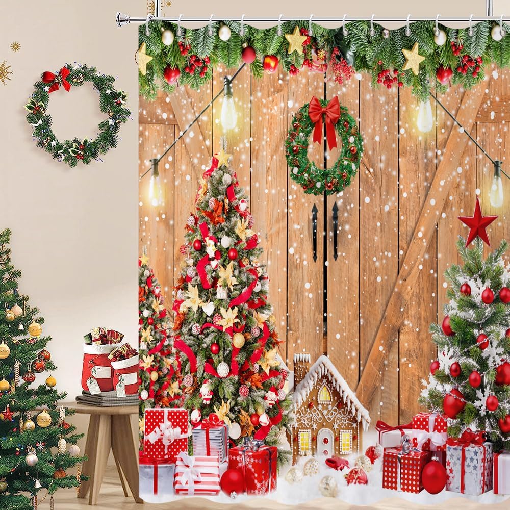 

Farmhouse Rustic Christmas Shower Curtain With Barn Door Gingerbread House And Tree Pattern, Waterproof Holiday Bathroom Decor W60H190(CM)-1 Pcs