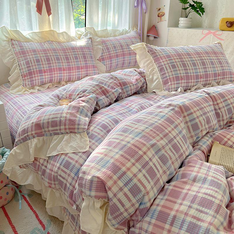 Princess Style Crinkled Gauze Lace Bedding Set - 4-Piece Washable Cotton Plaid Double Duvet Cover for All Seasons