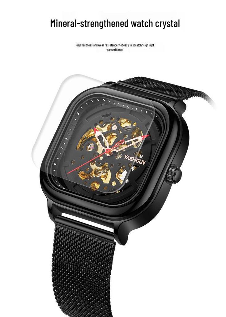 Marken Herren Quadratisch Skelett Mechanisch Wasserdicht Stahlarmband Uhr - Douyin Internetberühmtheit Bestseller