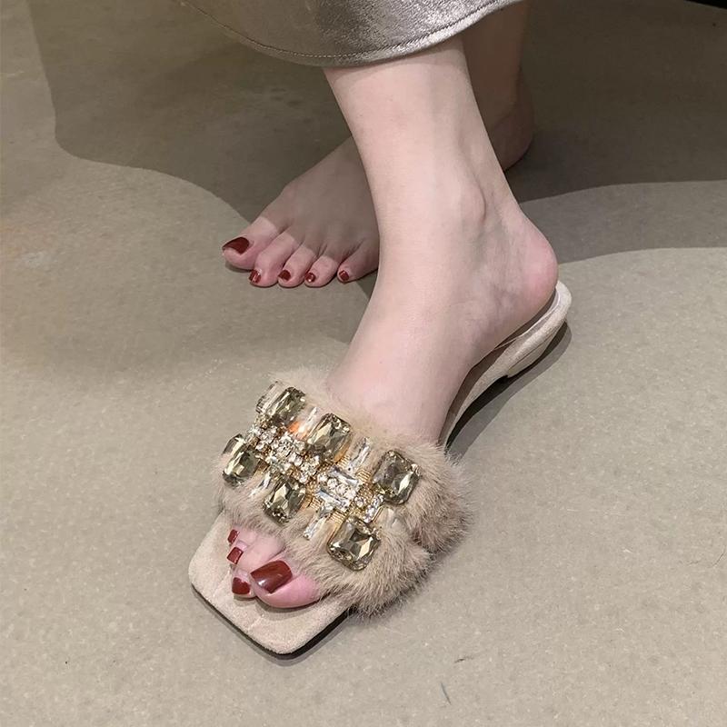 Crystal Women Slippers Flats Fur Designer Shoes Autumn Elegant Dress Woman Shoes 2025 New Luxury Zapatillas De Mujer