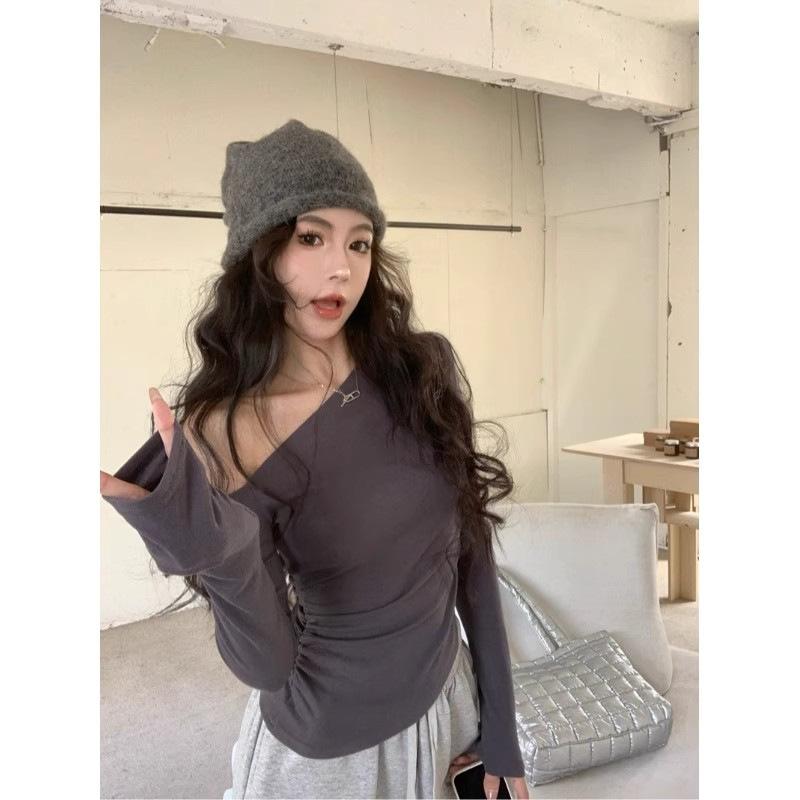 Spring Autumn New Sexy One Shoulder Irregular Long Sleeve T-Shirt Women's Slim Sloping Shoulder Top Women