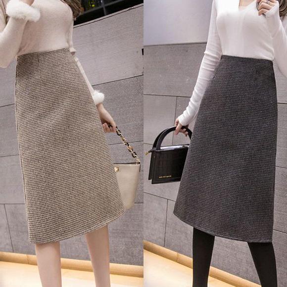 Women's High Waist Houndstooth Wool Pencil Skirt - Plus Size, Mid-Length, Over-the-Knee for Autumn and Winter
