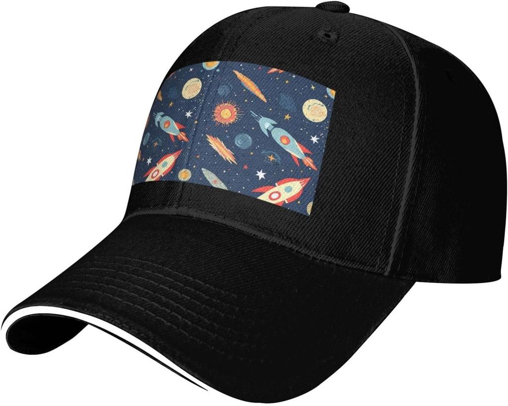 Space Rocket Planet Print Baseball Cap Polyester Casual Adjustable Dad Hat for Adult Unisex