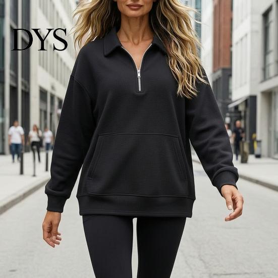 Casual Waffle Sweatshirt Women Half-zip Sweatshirt, Long Sleeve Pullover Top with Kangaroo Comfortable Pockets Pocket, Loose Fit Lapel for Fall Winter