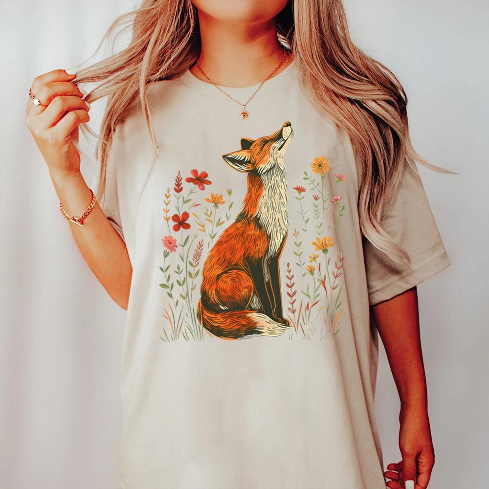 Vintage Wildflower Fox Comfort Shirts Light Academia Cottagecore Forestcore Whimsical Shirt Casual Daily Y2K Top Streetwear